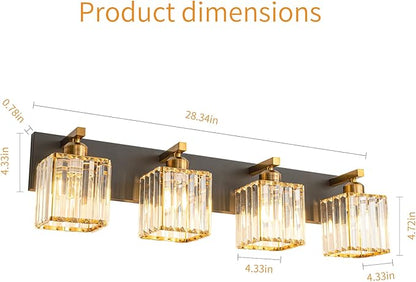 Modern Bathroom Vanity Light 4-Lights Black Gold Crystal Bathroom Wall Light Vanity Light Fixtures，28.34-inch Modern Minimalist Design