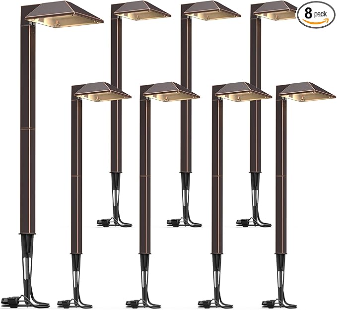 GOODSMANN Low Voltage Landscape Lights 8PK Landscape Lighting Kit Pathway Lights Wired Outdoor Walkway Lights 0.7W LED 100 Lumen Oil Rubbed Bronze Finish Warm White with Cable Connectors Metal Stakes