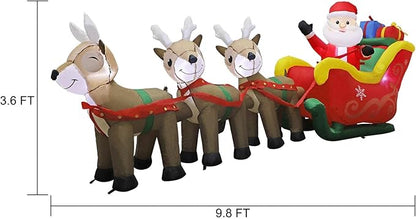 MorTime 9.5 FT Christmas Inflatable Santa Claus on Sleigh Pulled by Three Reindeers with Gift Boxes, Blow up Lighted Yard Decor for Outdoor Decorations