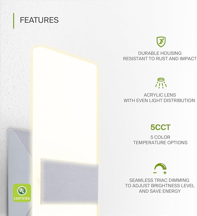 ASD 12 Inch LED Indoor Wall Sconce - Modern Interior 12W 2700K-5000K Adjustable Dimmable Wall Mounted Light Fixtures, Acrylic Glass Wall Lights for Stairway, Hallway - UL, Brushed Nickel