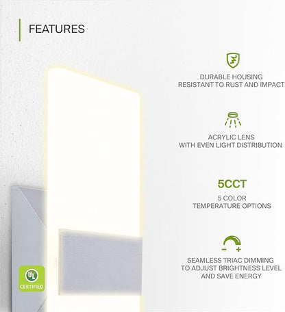 ASD 12 Inch LED Indoor Wall Sconce - Modern Interior 12W 2700K-5000K Adjustable Dimmable Wall Mounted Light Fixtures, Acrylic Glass Wall Lights for Stairway, Hallway - UL, Brushed Nickel
