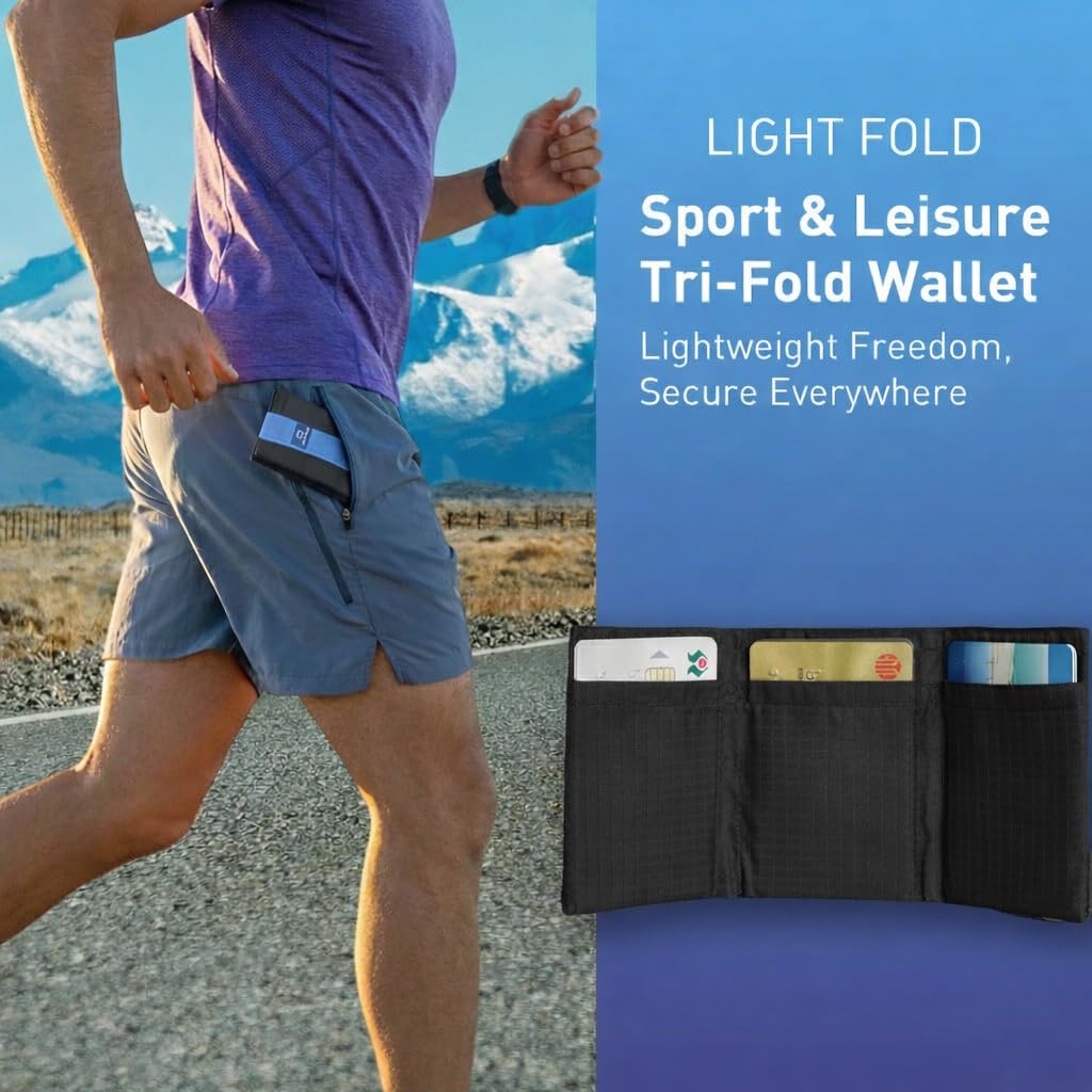 LIGHT FOLD Ultra Slim Tri-Fold Wallet with RFID Blocking, Lightweight Minimalist Men’s Wallet with Elastic Band, Waterproof Durable Nylon Fabric, Slim Front Pocket Card Holder Fits 12 Cards & Cash
