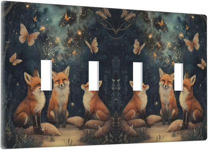 Decorative Art Light Switch Covers Foxes & Forest Quad Toggle 4 Gang Wall Plate Switch plate Electrical Faceplate for Home Decor