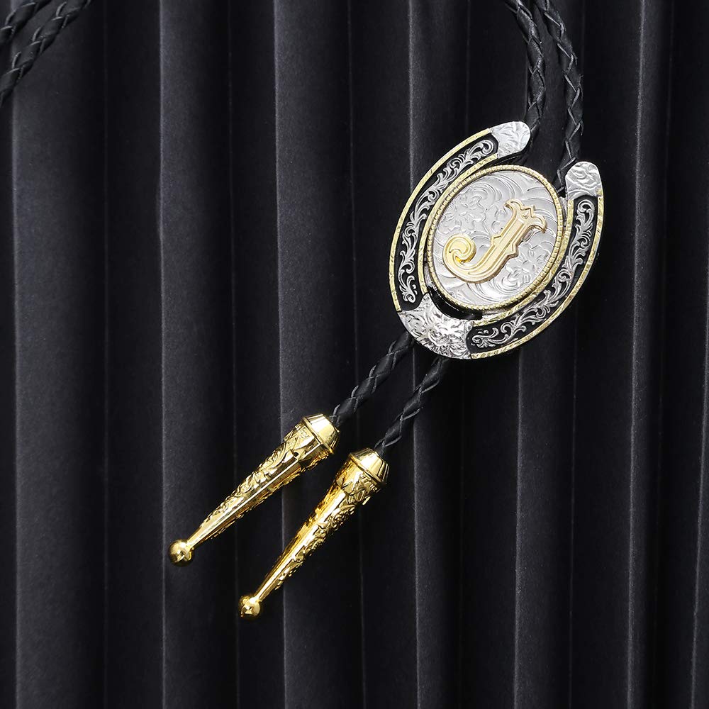 HUABOLA CALYN Bolo Tie for Men- Golden Initial Letter ABCDMJR to Z Western Cowboy Bolo Tie for Women (J)