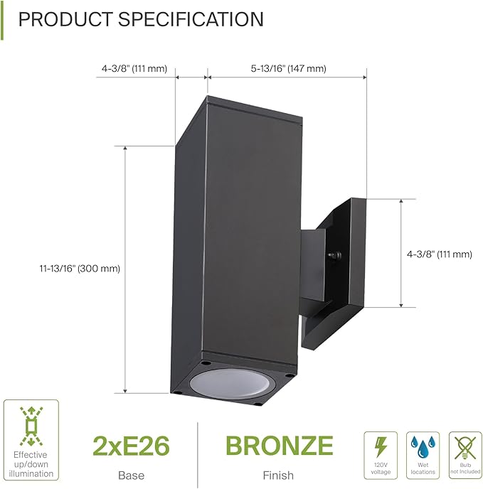 ASD 2 Light Square Outdoor Wall Light Fixture | 120W E26 Socket 120V ETL Cylinder Up Down Lights | LED/CFL/Incandescent Bulb Exterior Wall Sconce | Front Door, Porch, Patio | Bronze, 6 Pack