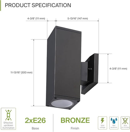 ASD 2 Light Square Outdoor Wall Light Fixture | 120W E26 Socket 120V ETL Cylinder Up Down Lights | LED/CFL/Incandescent Bulb Exterior Wall Sconce | Front Door, Porch, Patio | Bronze, 6 Pack