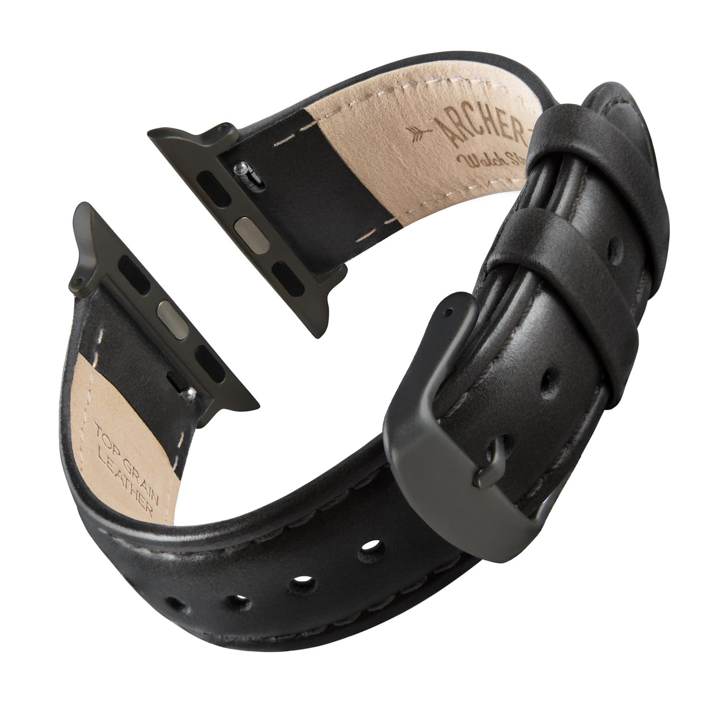Archer Watch Straps - Top Grain Leather Straps for Apple Watch (Black/Matched Thread, Matte Gray Hardware, 44/45/46/49mm)