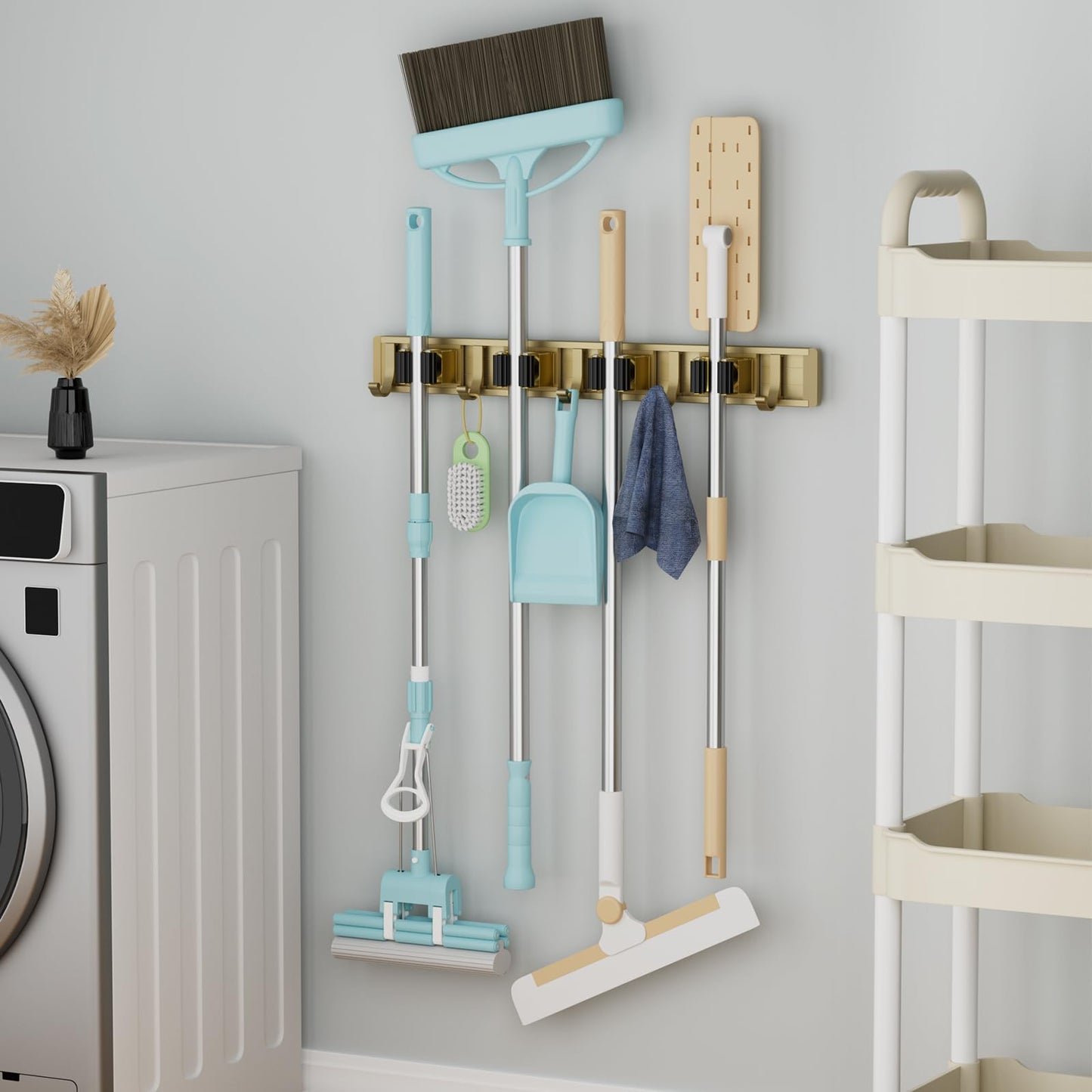reliahom Broom Holder Wall Mount Mop and Broom Hanger Wall Mounted Garage Storage Rack Kitchen Garden Tool Organizer (4 Racks with 5 Hooks, Silver)
