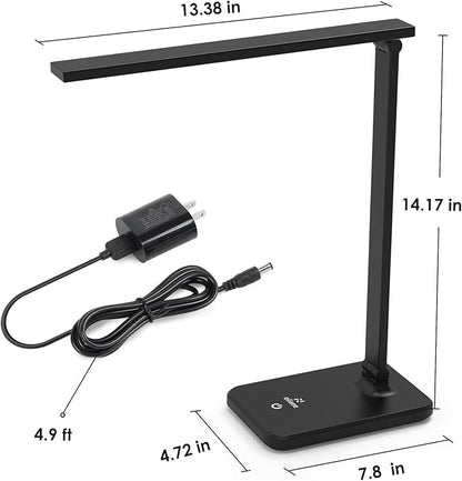 LED Desk Lamp, Eye-Caring Table Lamp with 3 Brightness Levels, Touch Control and Memory Function, Foldable Reading Lamp for Home Office Bedroom Study, 8W, 4000K, Black