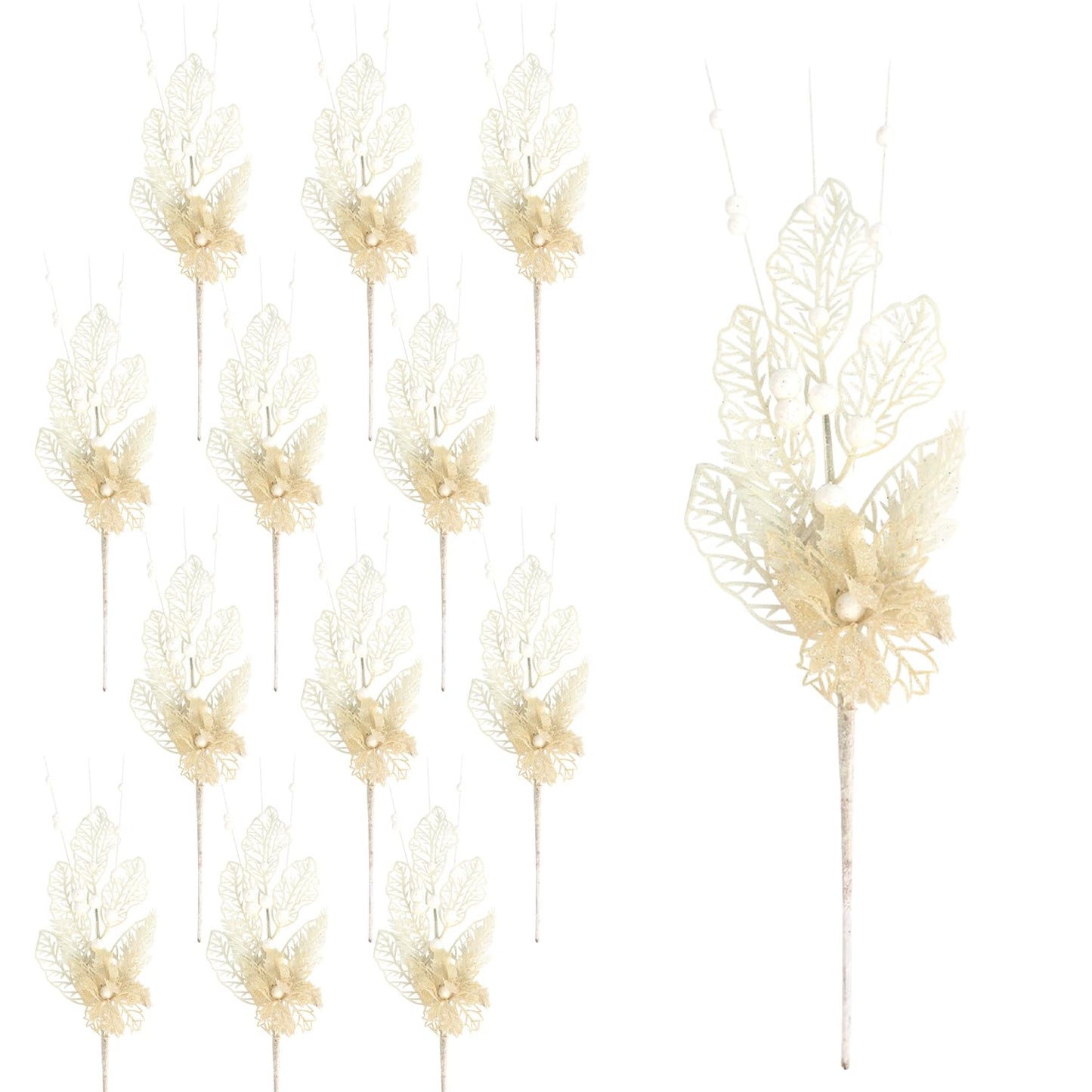 12 Pcs 16.3 Inch Christmas Tree Picks for Christmas Decoration Tree Glitters Christmas Picks Sprays with Flowers Berry Leaves Christmas Glitter Berries Stems for Xmas Tree Ornaments(White)