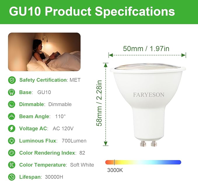 Dimmable GU10 LED Light Bulbs - 5W Energy-Efficient, 700 Lumens Soft White (3000K), 110° Flood Beam, Ideal Replacement for Halogen Bulb in Recessed & Track Lighting, 6-Pack