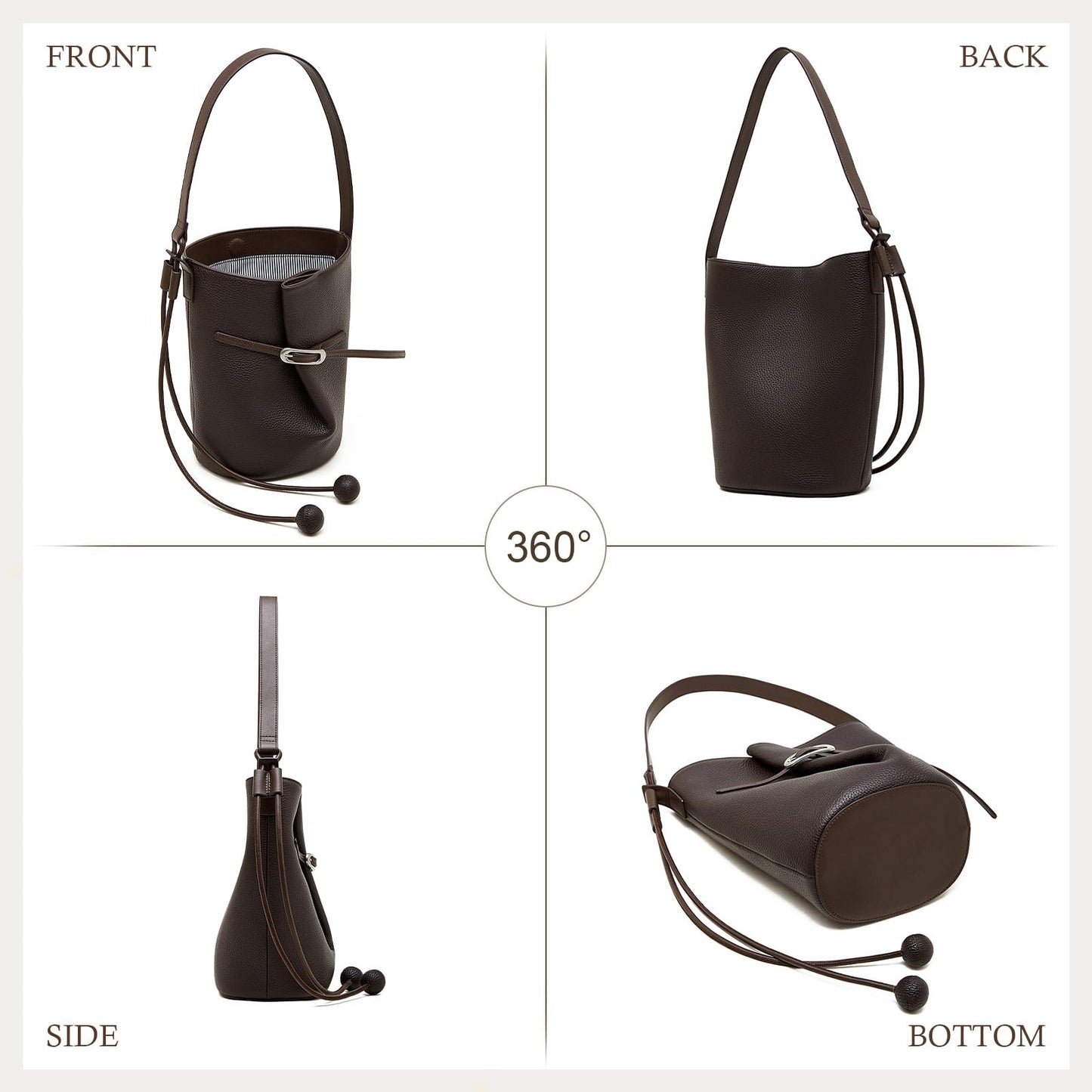 MoreFarther Genuine Leather Bucket Bag for Women, Adjustable Shoulder Bag for Work, Travel, Everyday Use (Chocolate Brown)