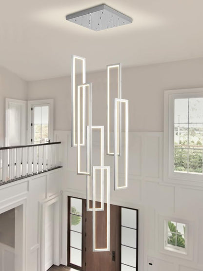 Flashing God Modern Chandelier,Silver Chandelier with 6 Ring Led Foyer Chandeliers,Larger High Ceiling Chandelier for Living Room,Square Chandelier for Entryway Staircase LED Dimming 2700k-6001k