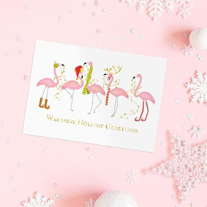 Canopy Street Masterpiece Fashion Flamingos Christmas Cards / 16 Holiday Card Set With Gold Foil And White Envelopes / 5 5/8" x 7 7/8" Winter Greeting Cards With Inside Verse/Made In The USA