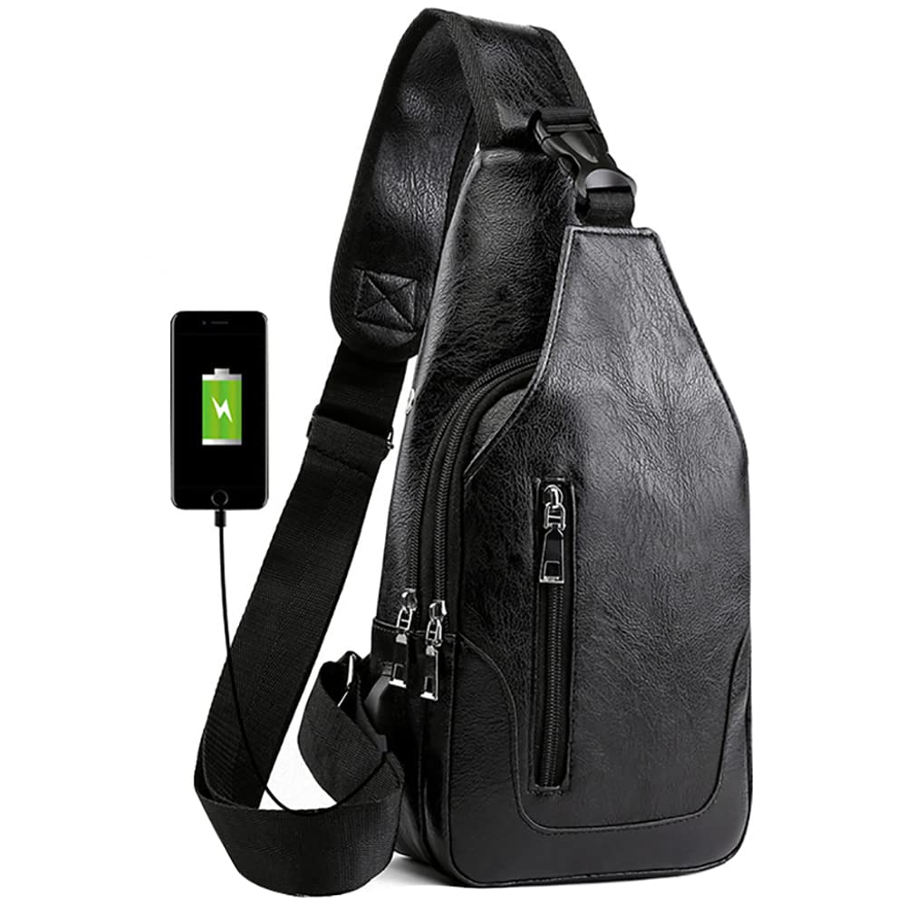 Peicees Leather Sling Bag Mens Crossbody Chest Bag Sling Backpack for Men with USB Charge Port