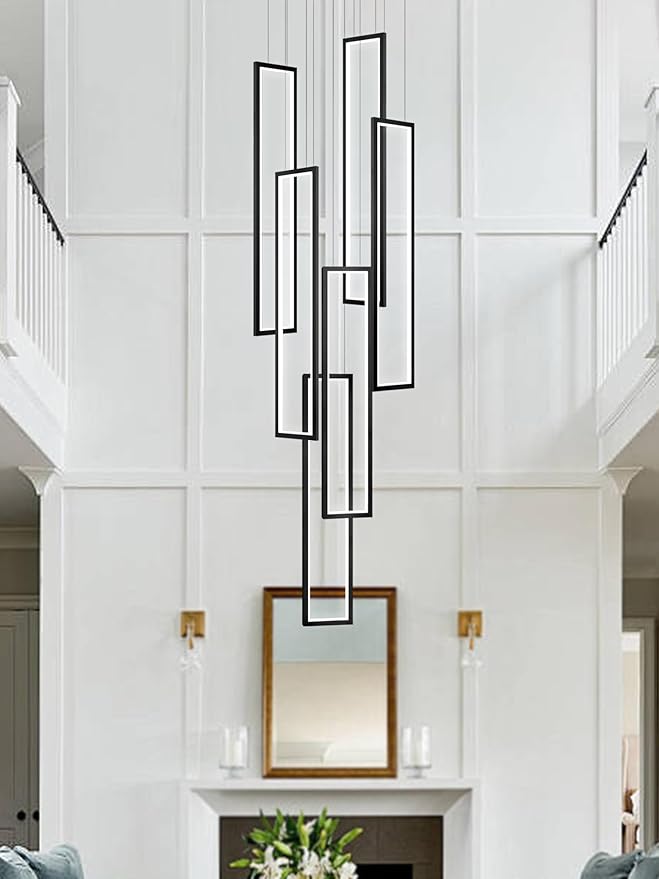 Flashing God Modern Chandelier,Black Chandelier with 6 Ring Led Foyer Chandeliers,Larger High Ceiling Chandelier for Living Room,Square Chandelier for Entryway Staircase LED Dimming 2700k-6000k