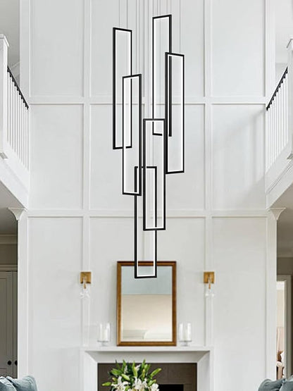 Flashing God Modern Chandelier,Black Chandelier with 6 Ring Led Foyer Chandeliers,Larger High Ceiling Chandelier for Living Room,Square Chandelier for Entryway Staircase LED Dimming 2700k-6000k
