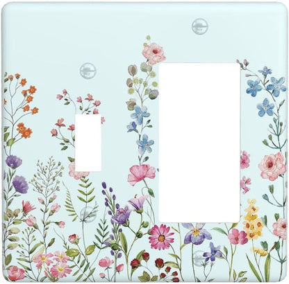 Rustic Wild Floral Vintage Blue Watercolor Flower 2 Gang Single Toggle Rocker Combination Light Switch Cover Unique Decorative Wall Plate Cover Electrical Faceplate Switchplate for Bedroom
