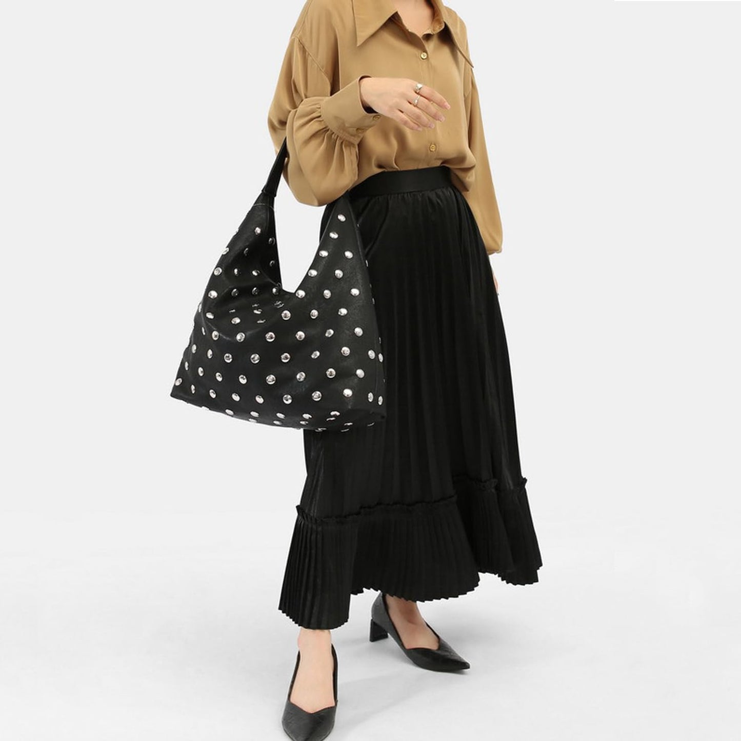 Liziblloy Studded Purse Soft Leather Studded Bags for Women Studded Slouchy Hobo Shoulder Handbag Tote Purse,Black