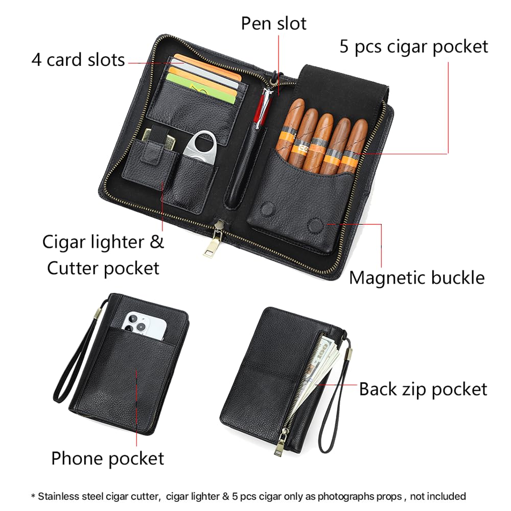 CONTACTS Full Grain Leather Cigar Case Travel Cigars Humidor Box Accessories Organizer with Cigar Cutter Lighter Pocket for 5 Pcs Cigars (Black)