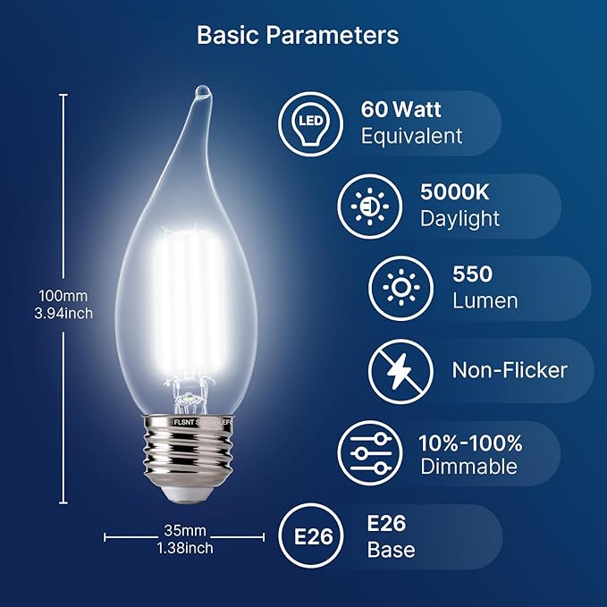 FLSNT LED Chandelier Edison Bulbs 5000K Daylight, 60W Equivalent, Dimmable CA11 E26 Base LED Candelabra Bulbs, 550LM, 12 Pack UL,CA65 Listed.