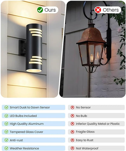 Dusk to Dawn Outdoor Lighting 2 Pack, Modern Outdoor Wall Lights Black Exterior Lighting Fixtures with E26 Base, Cylinder Sconce Waterproof Outdside Lights for House Porch, Bulbs Include
