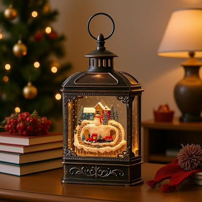 Christmas Snow Globe Lantern Water Glittering Snowman & Train with Music, USB Lined/Battery Operated Lighted Lantern for Christmas Festival Decoration Gifts