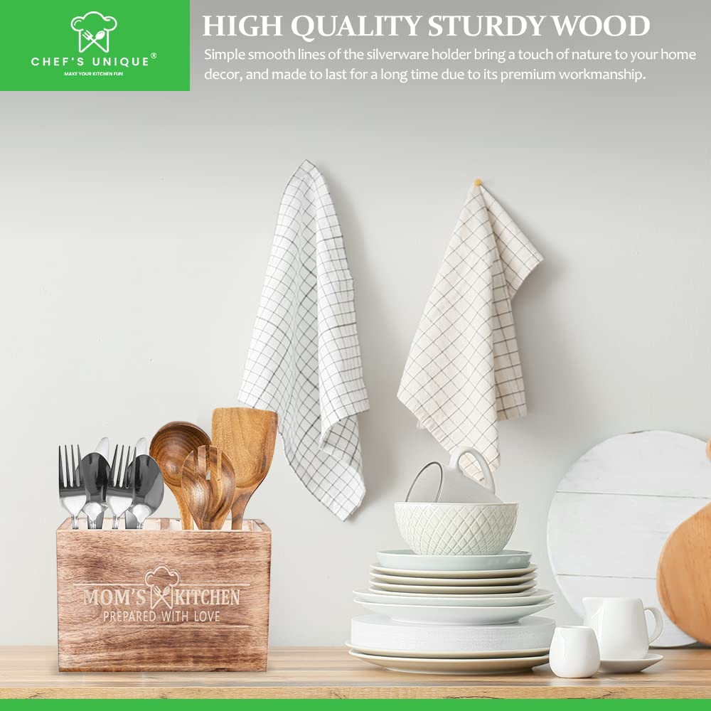 CHEF'S UNIQUE Wooden Utensil Holder For Countertop - Durable Cooking Utensils Holder - large Rustic Countertop Kitchen Décor - Spatula Utensils And Spoons Organizer With Divider