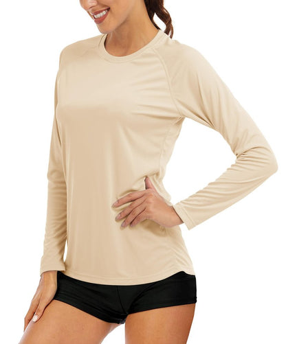 MAGCOMSEN Workout Shirts for Women Running Shirts Women UV Shirts Summer T Shirts UV Protection Shirts for Women Long Sleeve Shirts for Women Light Apricot