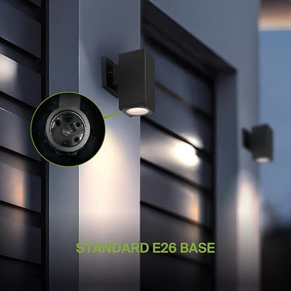 ASD 1 Light Dusk to Dawn Outdoor Wall Light Fixture | 60W E26 Socket 120V ETL Cylinder Up Down Lights | LED/CFL/Incandescent Bulb Exterior Wall Sconce | Front Door, Porch, Patio | Black
