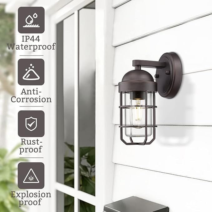 Emliviar Farmhouse Outdoor Wall Light for House Porch, Vintage Exterior Wall Lantern, Industrial Nautical Metal Cage with Clear Tempered Glass, Oil Rubbed Bronze Finish, GE255B ORB