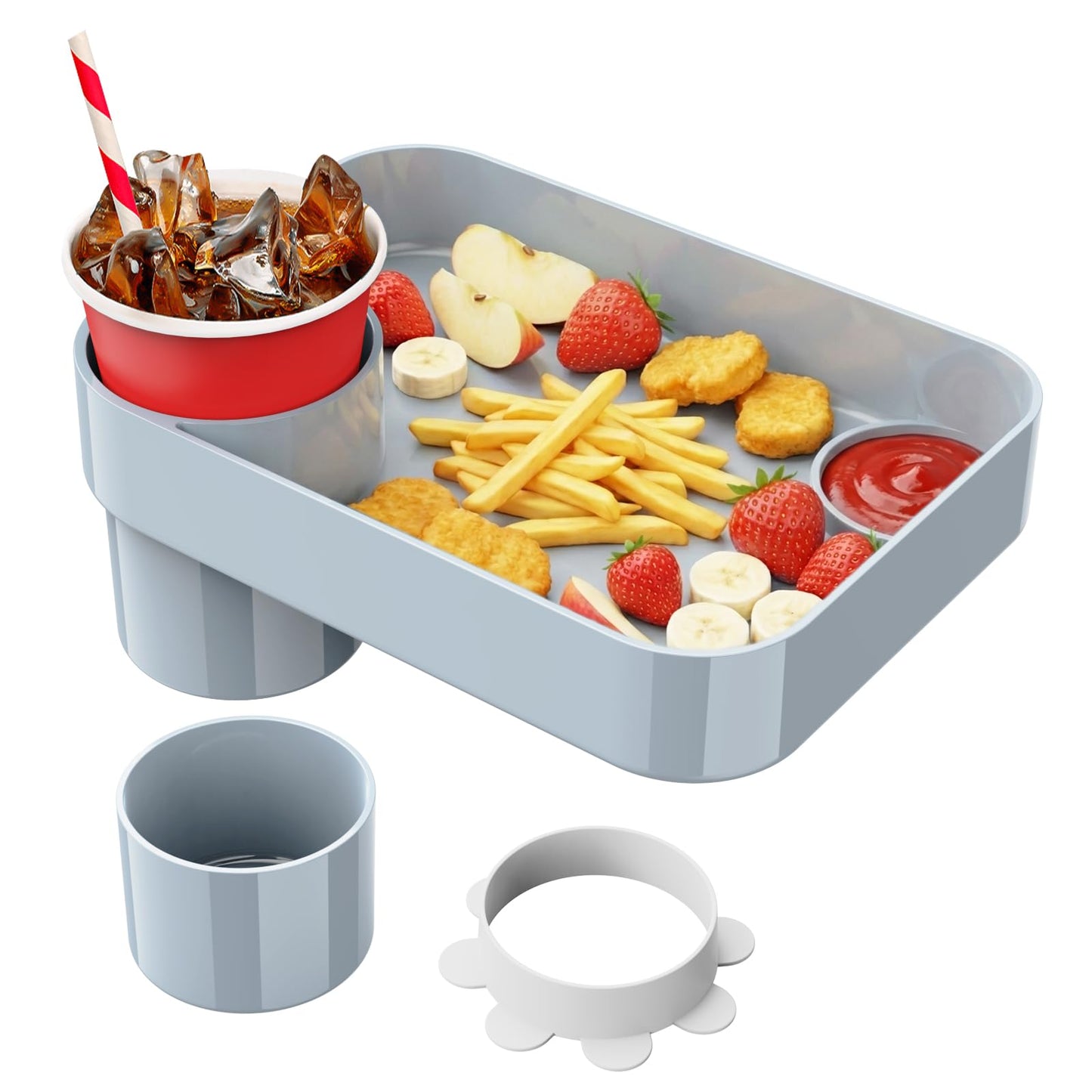 BBSDA Car Seat Cup Holder Snack Tray for Kids, Reduces Mess, Detachable Large Base & Adjustable Ring, Carseat Tray for Toddler, Car Seat Food Tray Table for Kid Travel Road Trip Essentials -Light Gray
