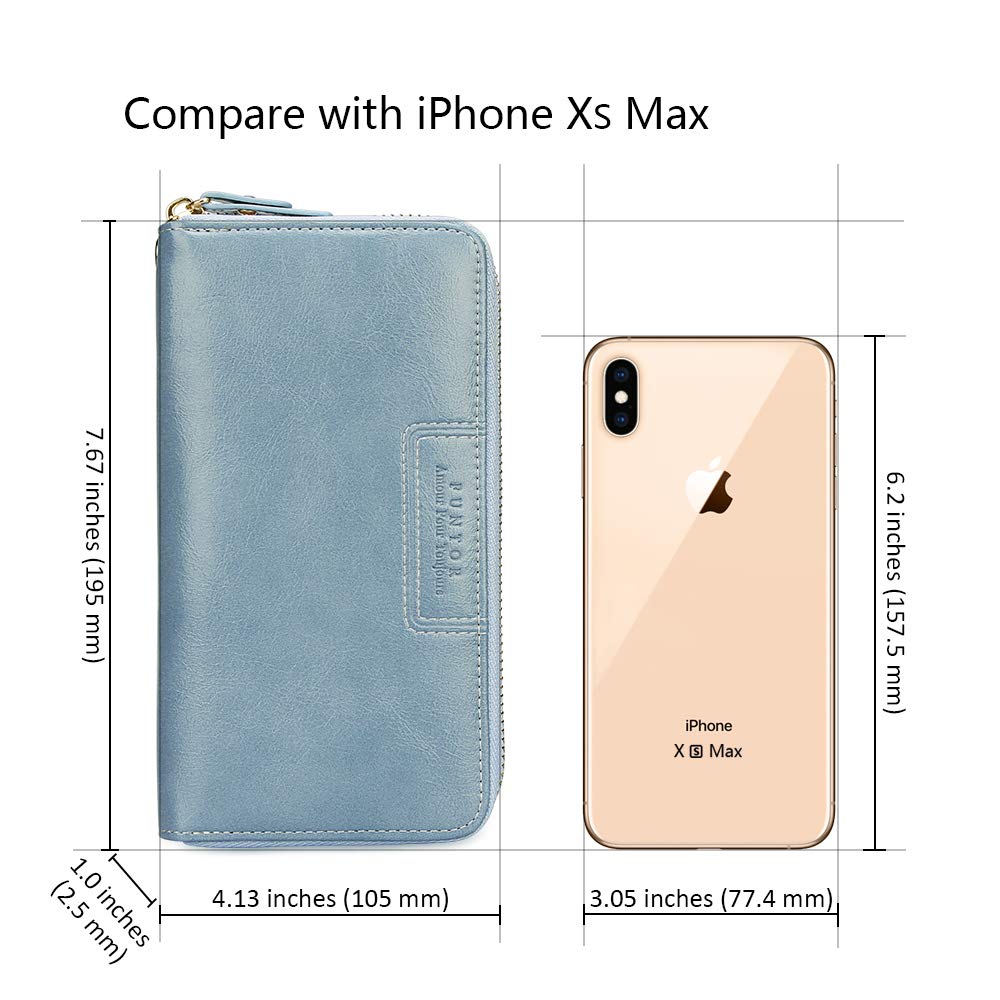 FT FUNTOR Wristlet Wallet for Women, Ladies Zip around Wallet PU Vegan Leather Clutch Long Purse Phone Card Holder Organizer Blue