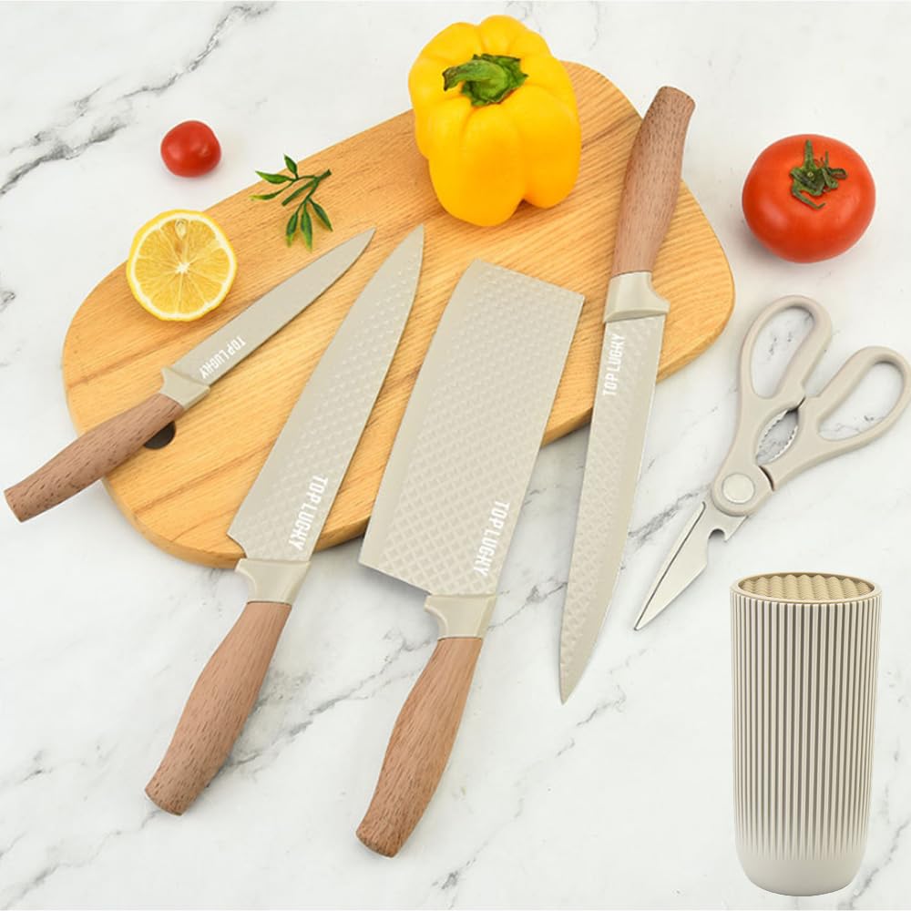 Knife Set, Wiztoynia 6-Piece Khaki Kitchen Knife Set for Home, Anti-Rust Non-stick Stainless Steel Sharp Chef Knife Sets with Universal Knife Block for Kitchen, Ergonomical Design (Khaki)