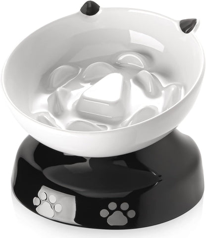 Y YHY Ceramic Cat Slow Feeder, Elevated Dog Food Bowl Tilted Design, Slow Feeder Bowl no Black Chin, Cat Shape for Dry and Wet Food
