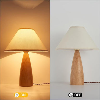 Bedside Table Lamp for Bedroom, Mid-Century Modern Plug in Fabric Shade & Solid Wood Base Desk Lamp, Plug & Play Natural Wood Nightstand Lamp for Living Room, Office, Switch Power Cord 【Bulb Included】
