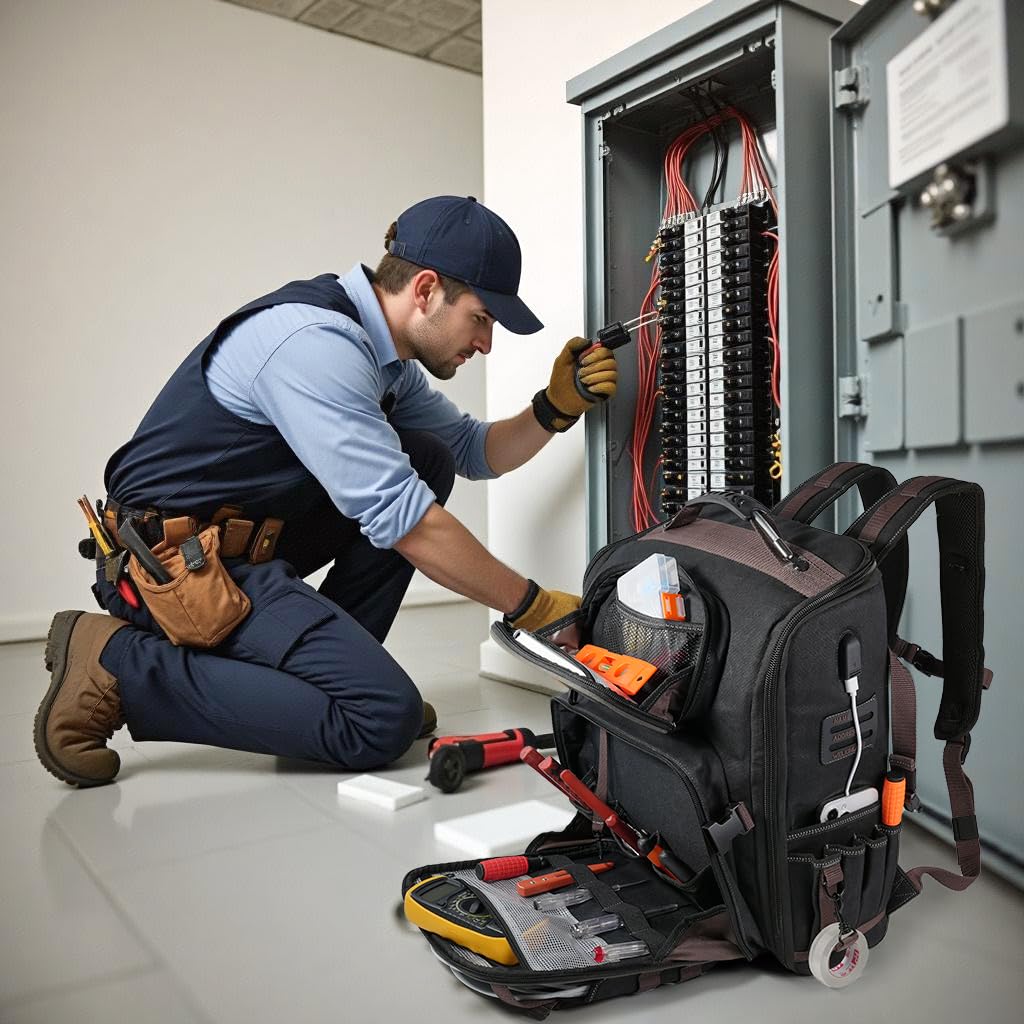 WELKINLAND 46-Pockets Electrician Backpack, Full-Open Tool Backpacks, Heavy Duty Tools Backpack, Waterproof Waxed-Canvas Tool Backpacks, HVAC, Mechanics Tools Bag