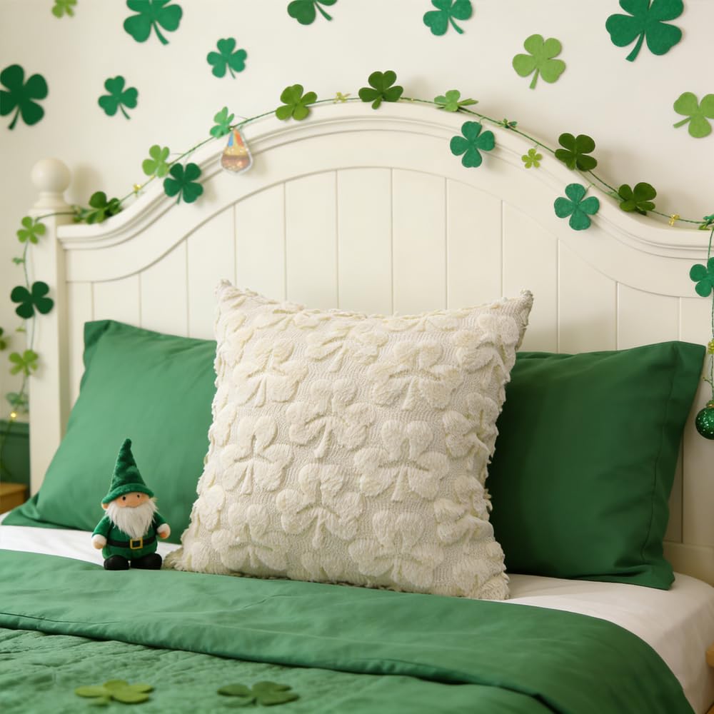 Heirloom Haven St Patrick’s Day Pillow Covers Set of 2,Beige Shamrock Irish Soft Plush Fluffy Faux Fur Jacquard Decorative Holiday Farmhouse Cushion Case for Sofa 20 x 20 Inch