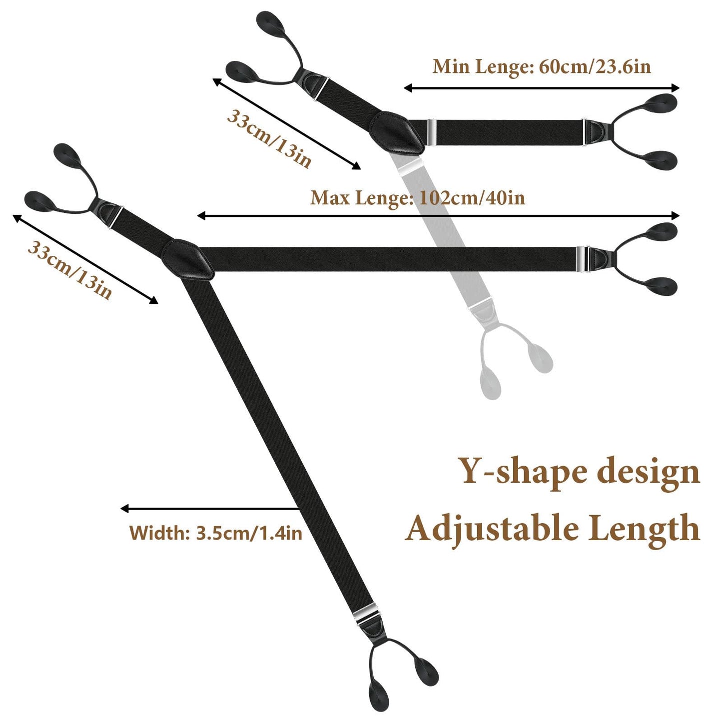 Button Suspenders for Men Y-Back 1.4 Inches Wide Leather Button End Elastic Adjustable Suspenders for Men Tuxedo Black Braces