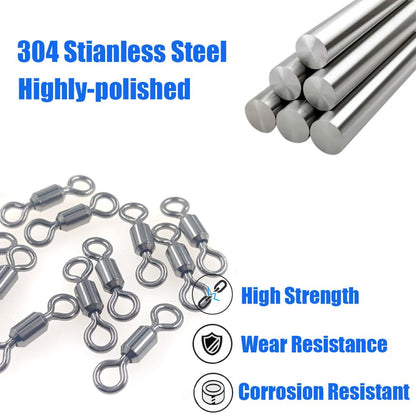 100 Pcs Fishing Swivels Saltwater, 100% 304 Stainless Steel Power Swivel Corrosion Resistance Barrel Swivels High Strength Freshwater Fishing Line Lure Leader Connectors (8# 0.39" / 80LB)