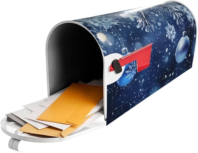 Festive Magnetic Mailbox Cover Blue Ball Christmas Pattern Outdoor Mailbox Protector Holiday Seasonal Decorative Garden Yard Home Standard Size 21 x 18 Inch