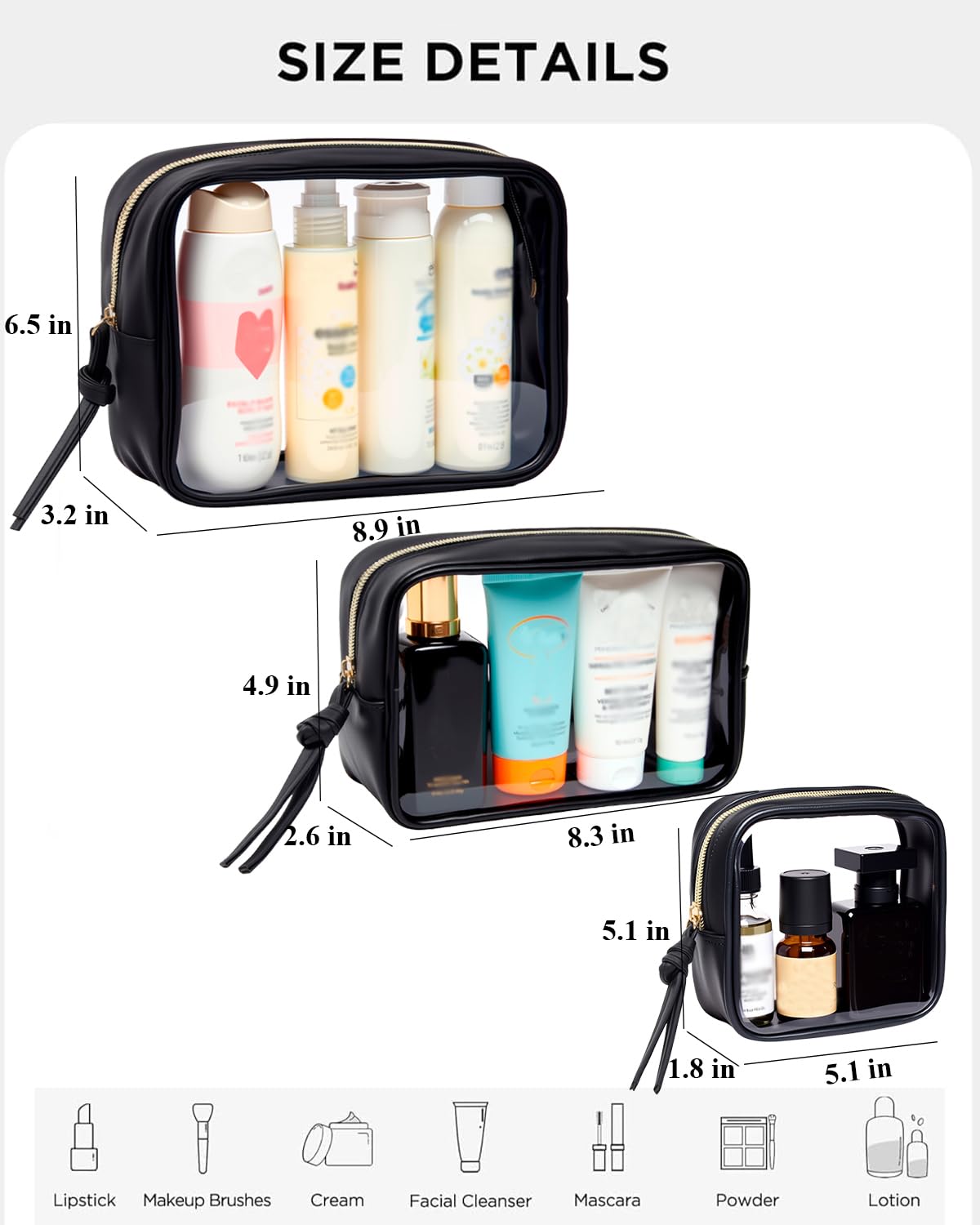3Pcs Travel Clear Makeup Bag Set for Women, Transparent Toiletry Bag with Zipper Portable Makeup Pouch Organizer Waterproof Small Cosmetic Bag Compact Car Bag Organizer Car Accessories (Black Set)