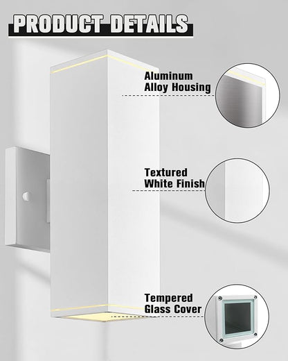 Ken & Ricky Outdoor Wall Sconces, Modern Up and Down Outdoor Light Fixture, Square Exterior Light Fixture with Sanded White Finish - 1 Pack
