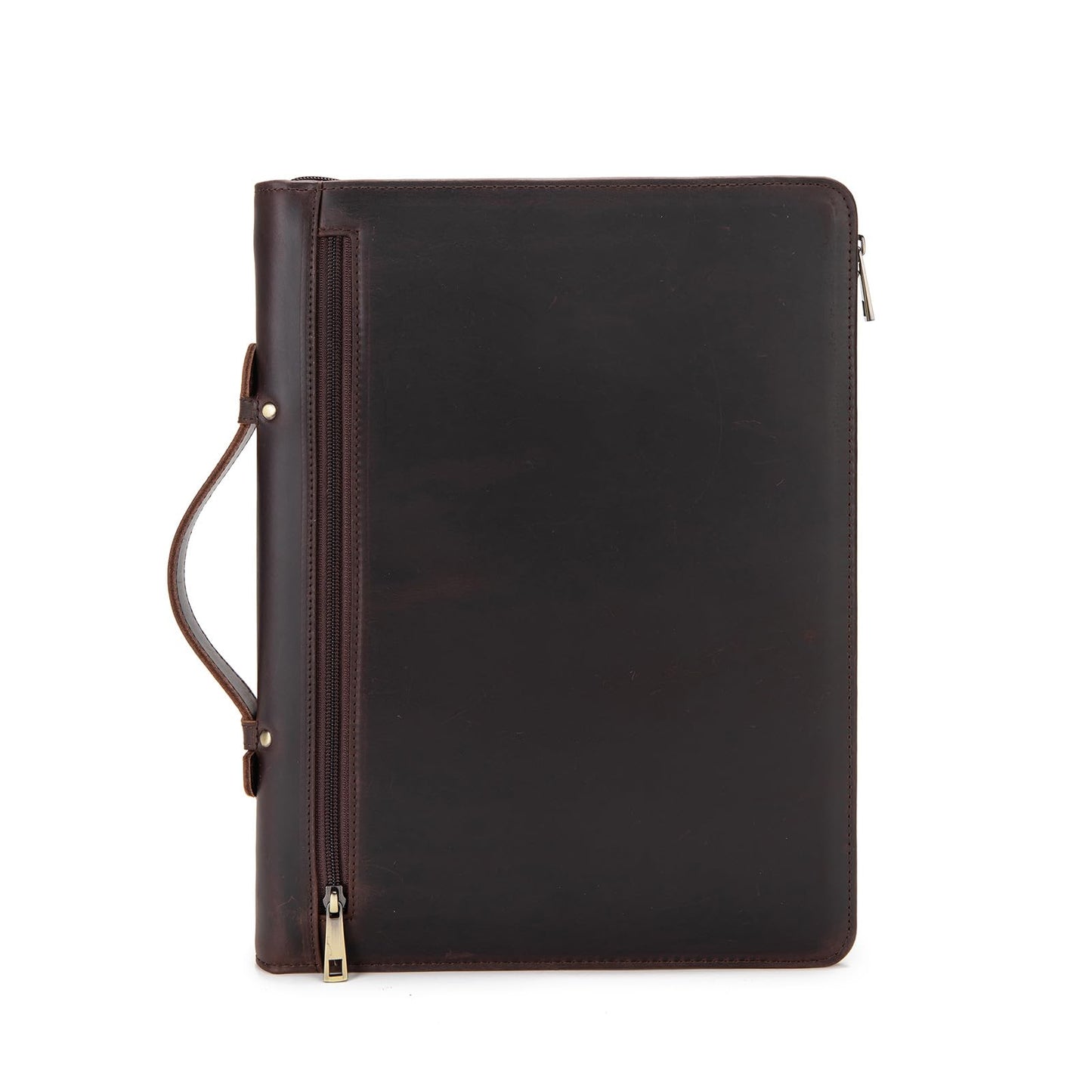 Geslun Genuine Leather Portfolio with Hidden Handle, Zippered Front Pocket, Business Padfolio for Men and Women, 8.5 x 11 Legal Pad Notebook Holder, Office Letter Notepad Folio, Dark Brown
