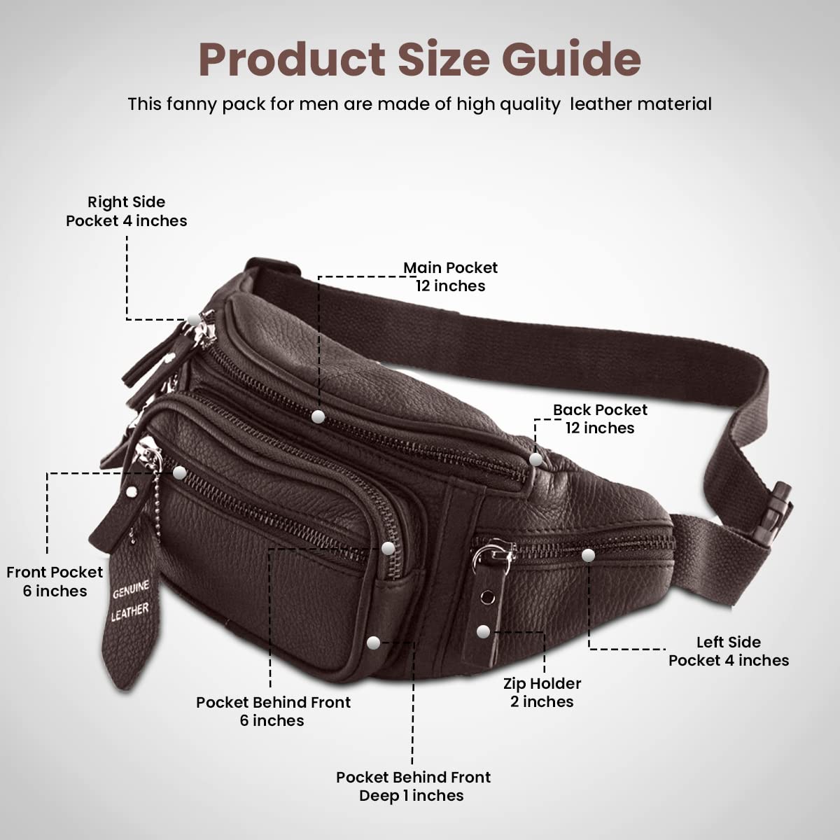 Fanny Pack Waist Bag Multifunction Genuine Leather Hip Bum Bag Travel Pouch for Men and Women- Multiple Pockets & Sturdy Zippers Ideal for Hiking Running And Cycling