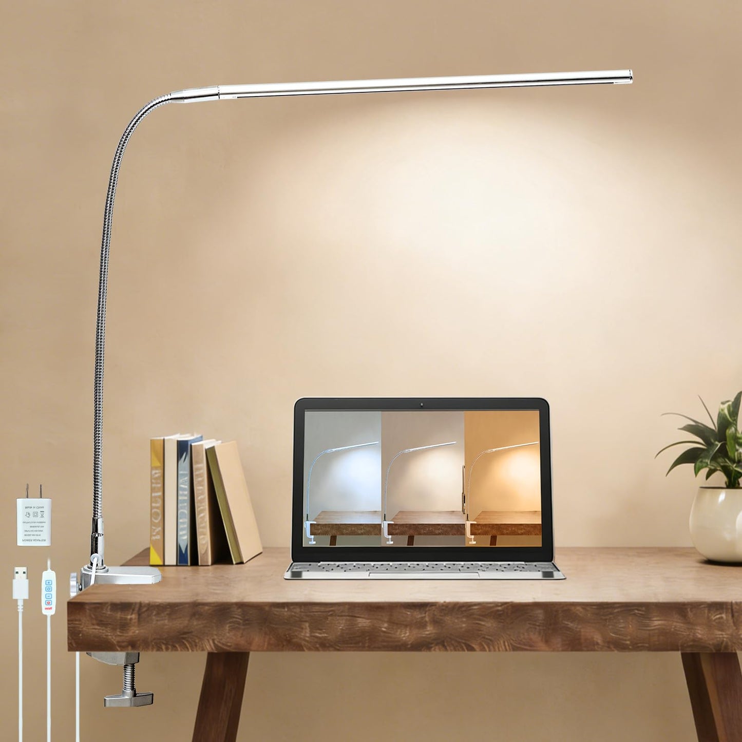 Tikroom Space Aluminum LED Desk Lamp with Clamp, Clip on Light for Reading Study Desk Light 3 Modes 10 Brightness Flexible Gooseneck with USB Adapter Table Lamp for Home Office Computer Nail Work