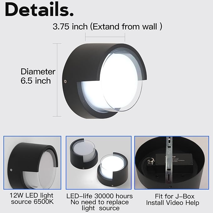 Patio Wall Light 4 Pack 12W Outside Wall sconces 6500K Cold Lights Outdoor Wall Light Modern Wall Porch Light Outdoor Light Fixture