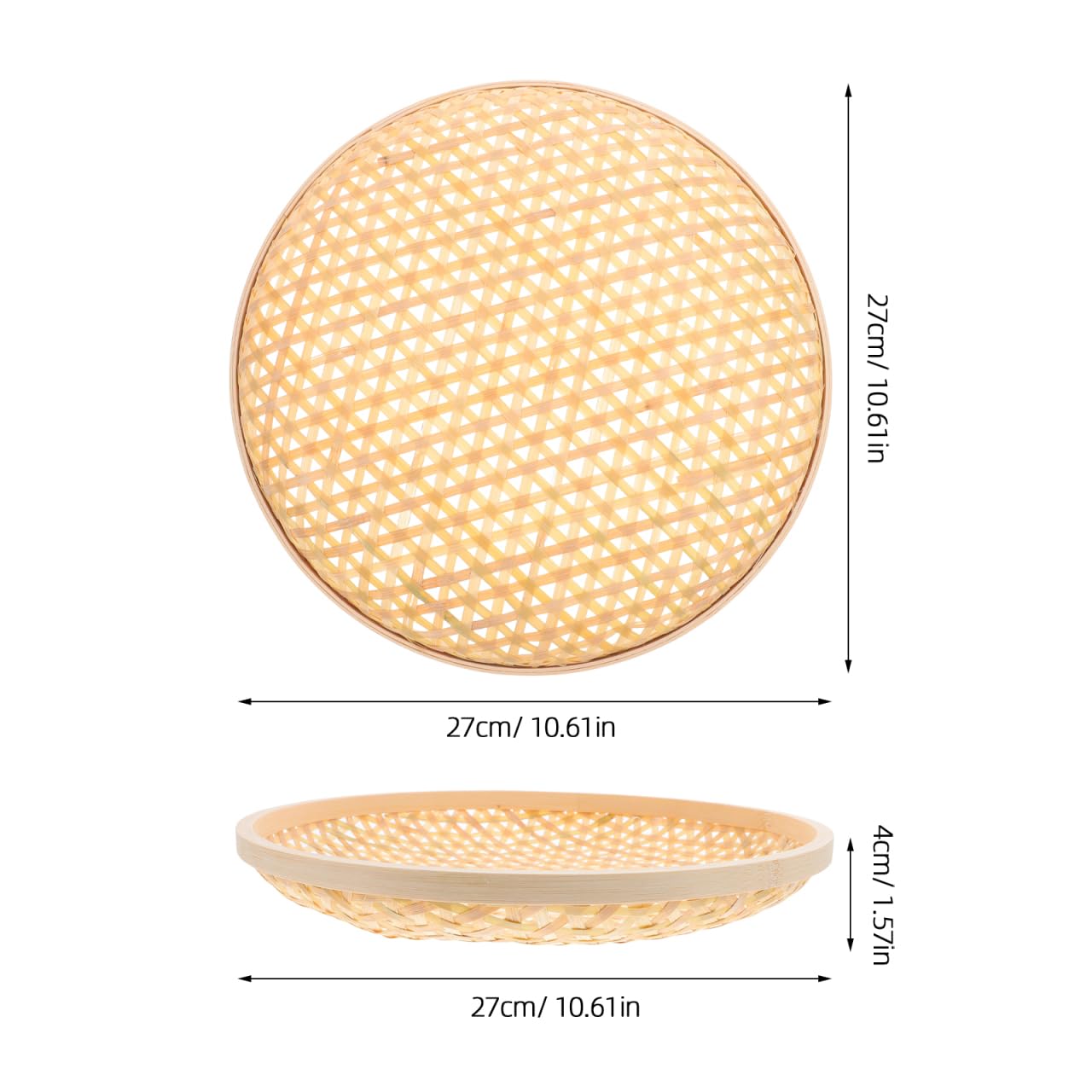 Kichvoe Bamboo Woven Serving Basket Tray 10.6 Inch Lightweight Flat Tray for Bread Snacks Fruit Storage and Home Picnic Party Use