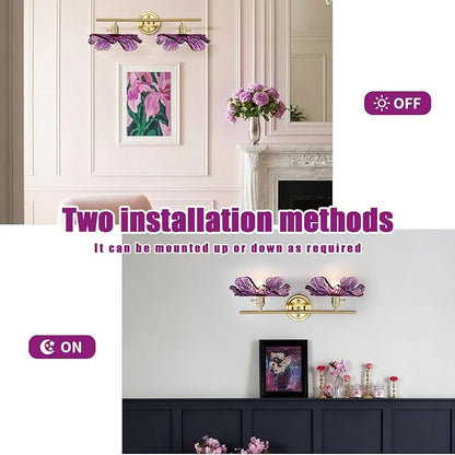Gold Bathroom Vanity Lights Over Mirror, 2 Light Vintage Wall sconces with Purple Glass Shade Bathroom Lighting Fixture mid Century Wall Sconce Glass Wall Lighting for Bedroom Doorway Hallway