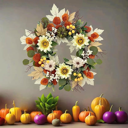 20 Inch Fall Sunflower Wreath for Front Door, Artificial Autumn Wreath with Pumpkins, Berries, White Sunflowers and Silk Leaves for Thanksgiving Farmhouse Home Window Wall Office Indoor Outdoor Decor